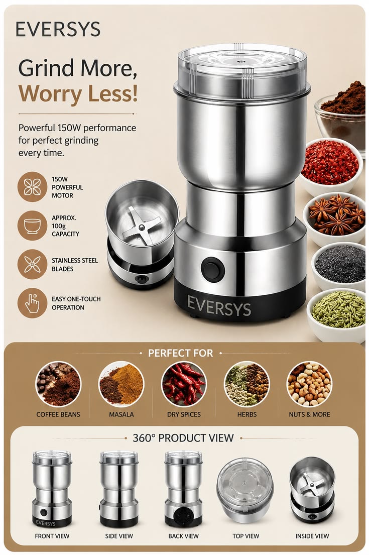Electric Stainless Steel Spice & Coffee Grinder